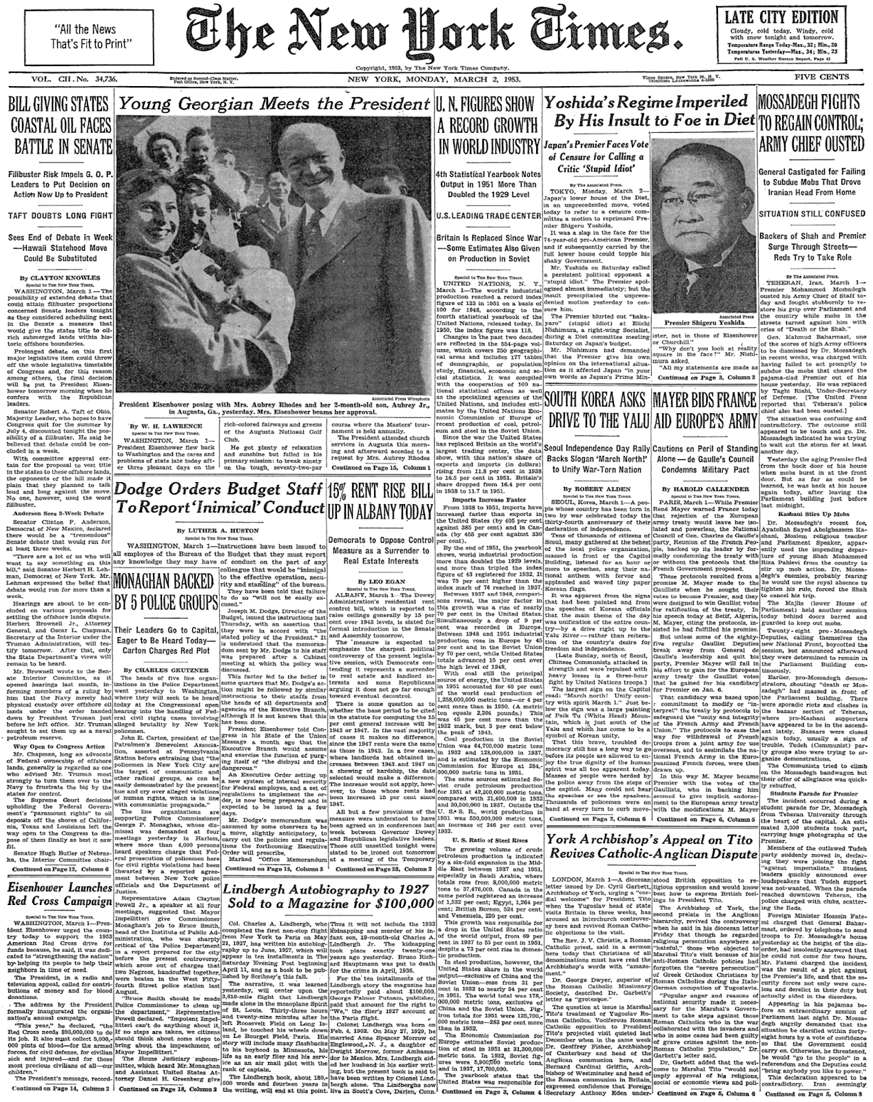 Monday, March 2, 1953 – The New York Times Front Page