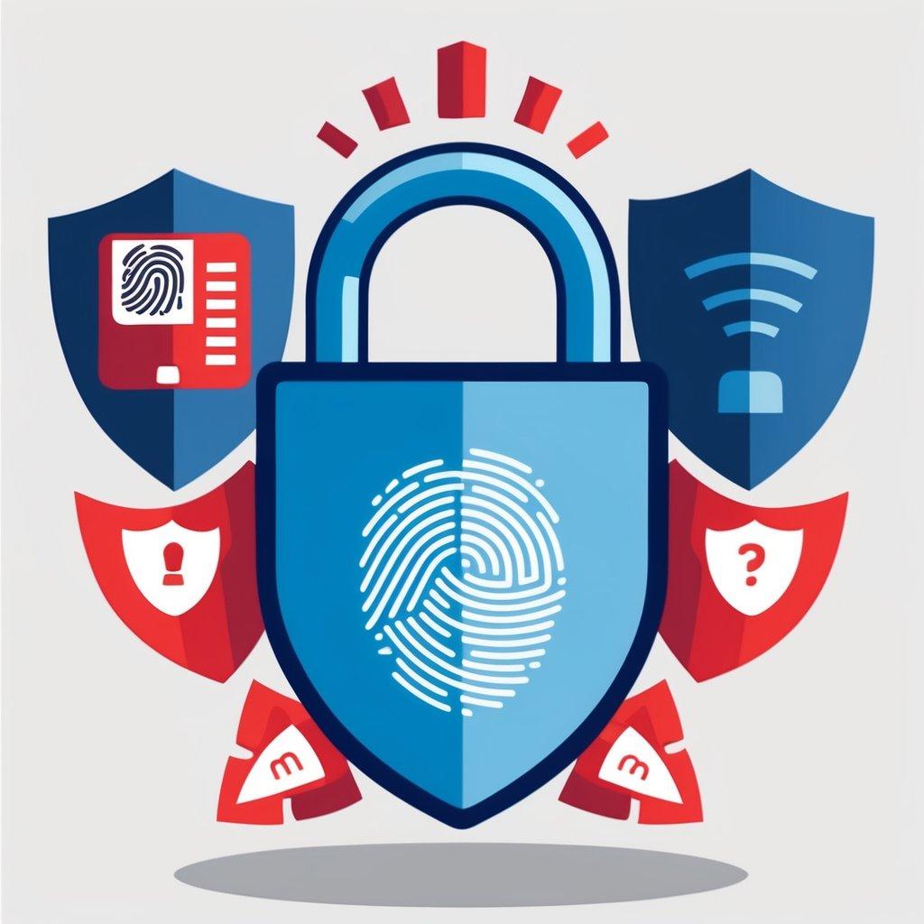 A secure padlock icon surrounded by shield symbols, with a biometric fingerprint scanner and a firewall in the background