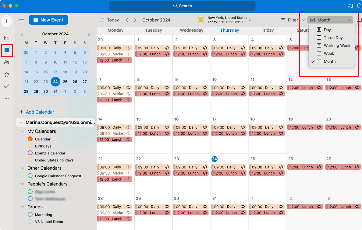 Pic. 1. Navigating to calendar and different views in Outlook for Mac.