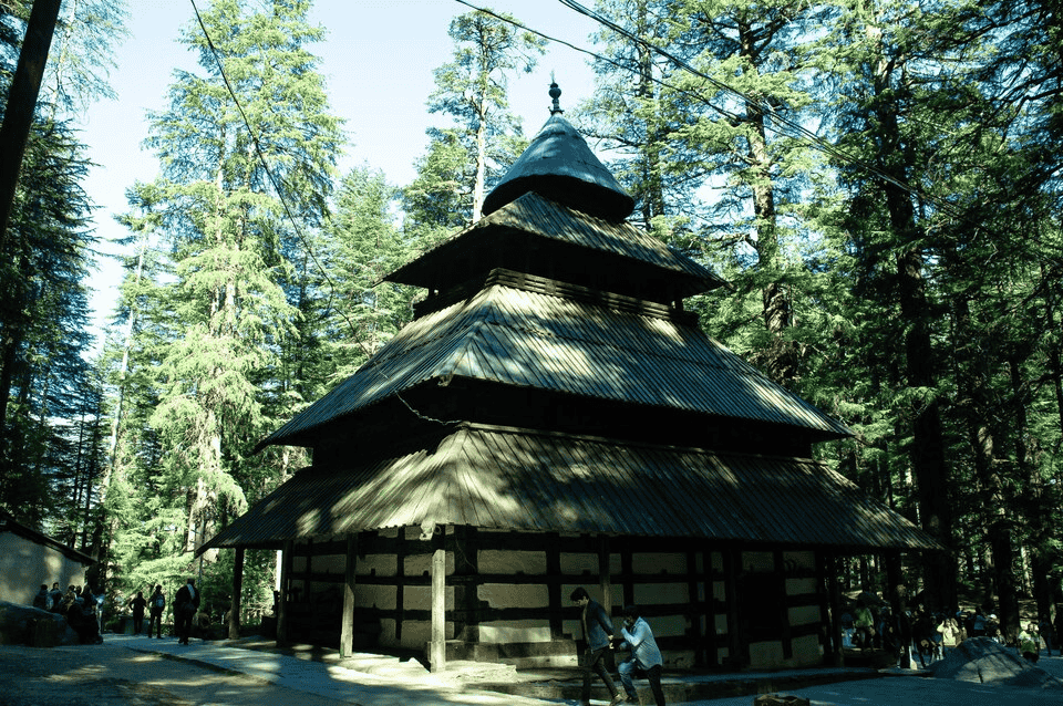 Pre-wedding shoot at Hadimba Temple, capturing the traditional pagoda-style architecture surrounded by cedar forests and mountain