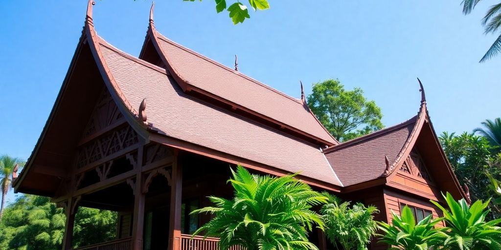 Traditional Thai house surrounded by greenery and blue skies.