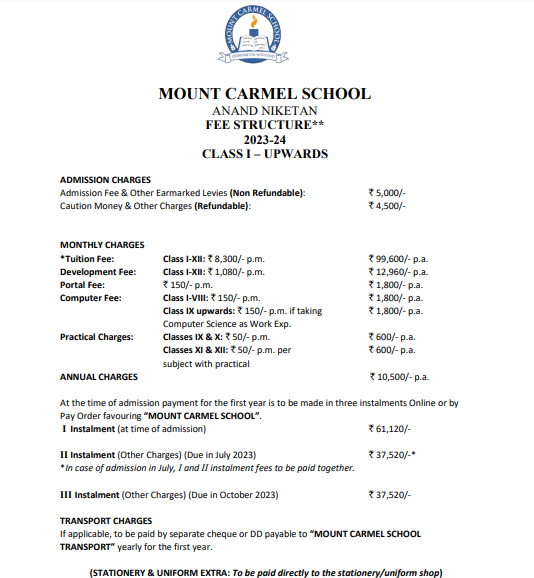 Best Schools In Central Delhi: Mount Carmel School - Fee Structure