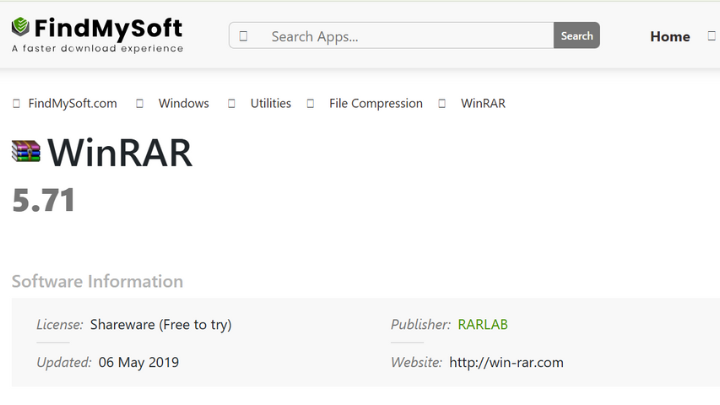 Image of the FindMySoft website page to download RAR for PC free.