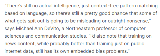 Quote from Northeastern professor of computer sciences Michael Ann Devito about AI SearchGPT