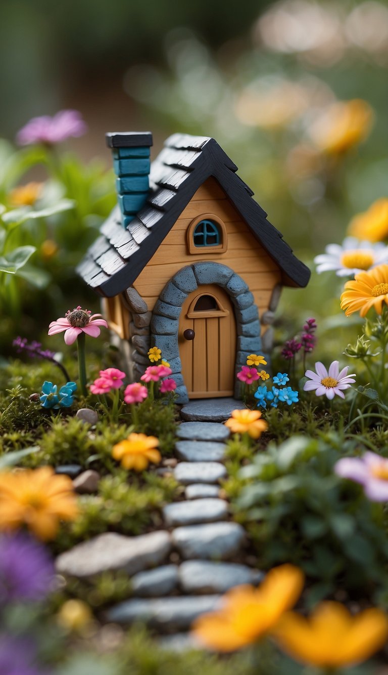 A tiny fairy house nestled among colorful flowers and whimsical decorations in a backyard fairy garden