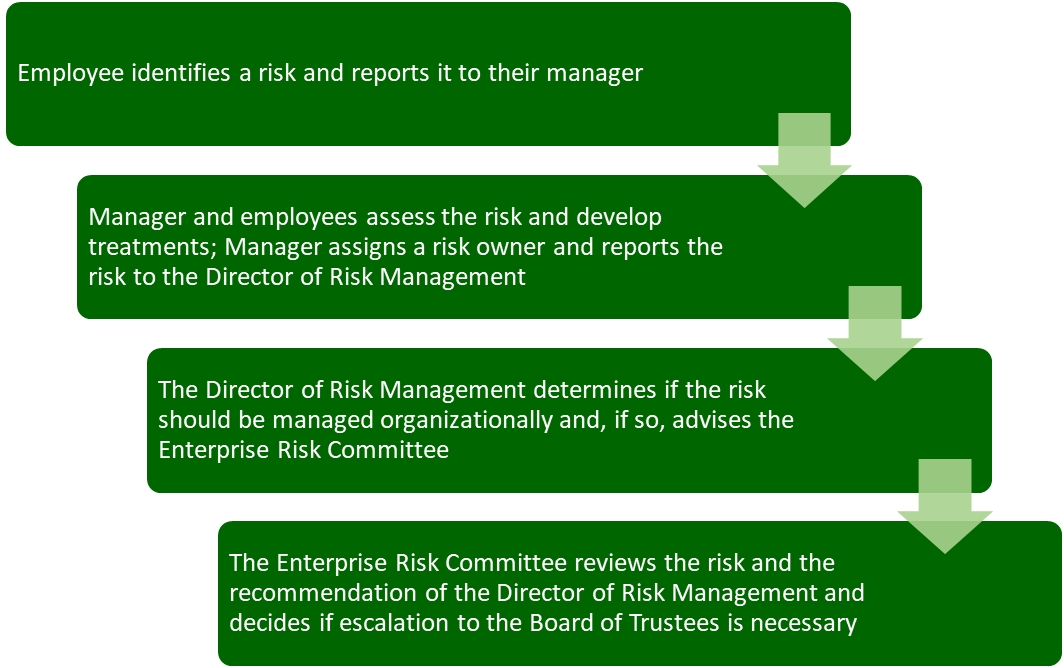 Figure 3. How a risk is escalated using the ERM Framework with the following steps in descending order:
Employee identifies a risk and report it to their manager.
Manager and employees asses the risk and develop treatents; manager assigns a risk owner and reports the risk to the Director of Risk Management.
The Director of Risk Management determines if the risk should be managed organizationally and, if so, advises the Enterprise Risk Committee.
The Enterprise Risk Committee reviews the risk and the recommendation of the Director of Risk Management and decides if escalation to the Board of Trustees is necessary.