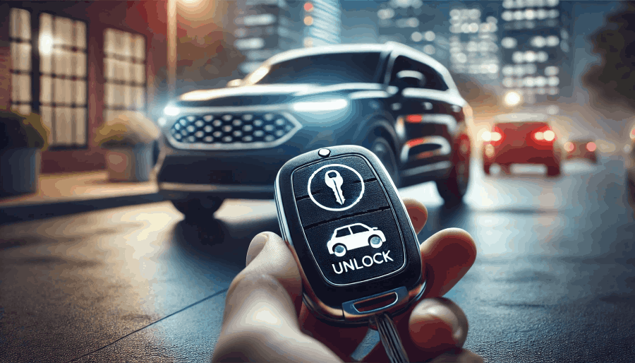 featuring a close-up of a key fob and a modern car in the background. This image highlights the convenience and potential risks of keyless technology.