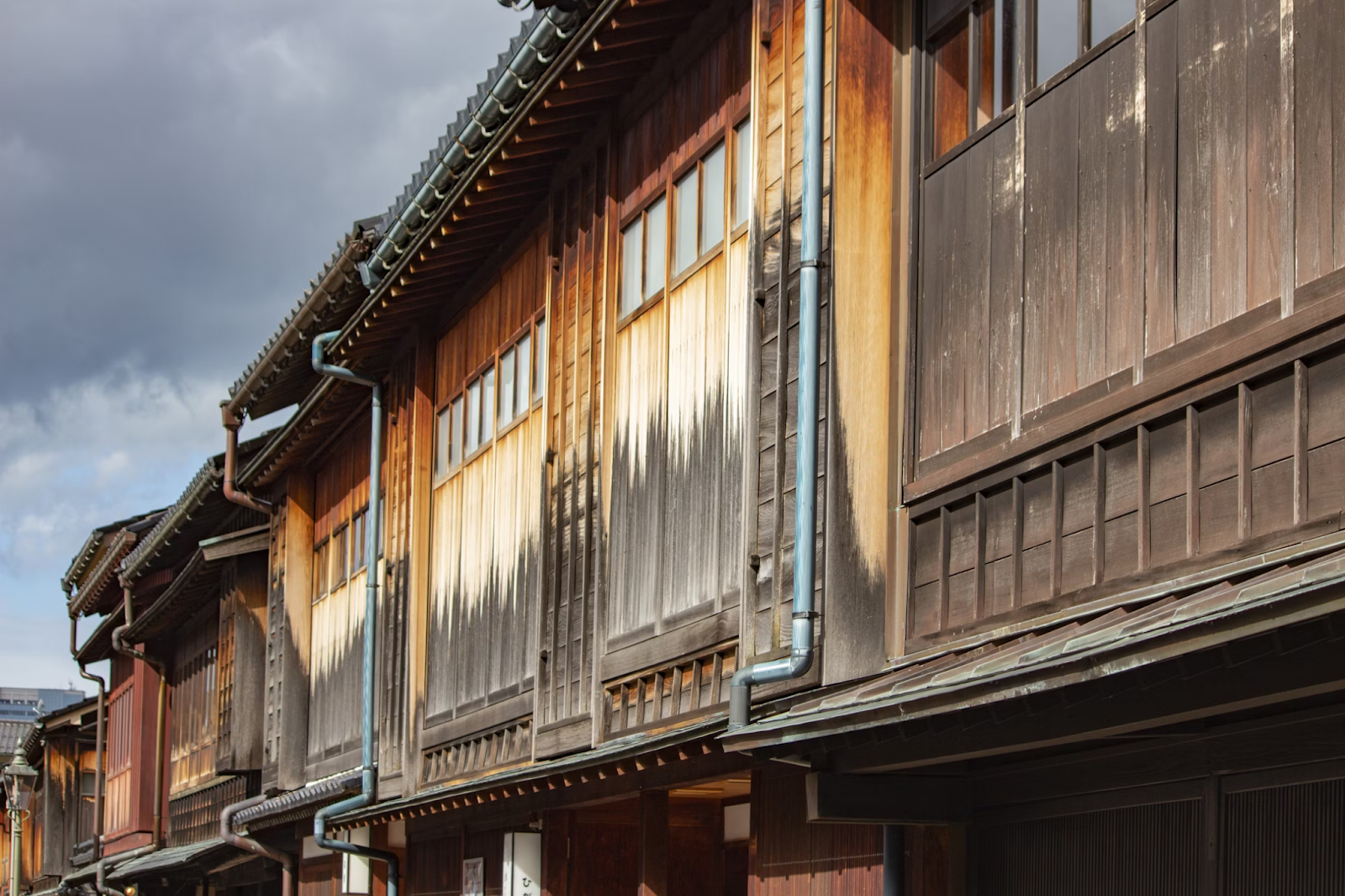 The traditional exteriors of the ancient buildings in Kanazawa's geisha district.