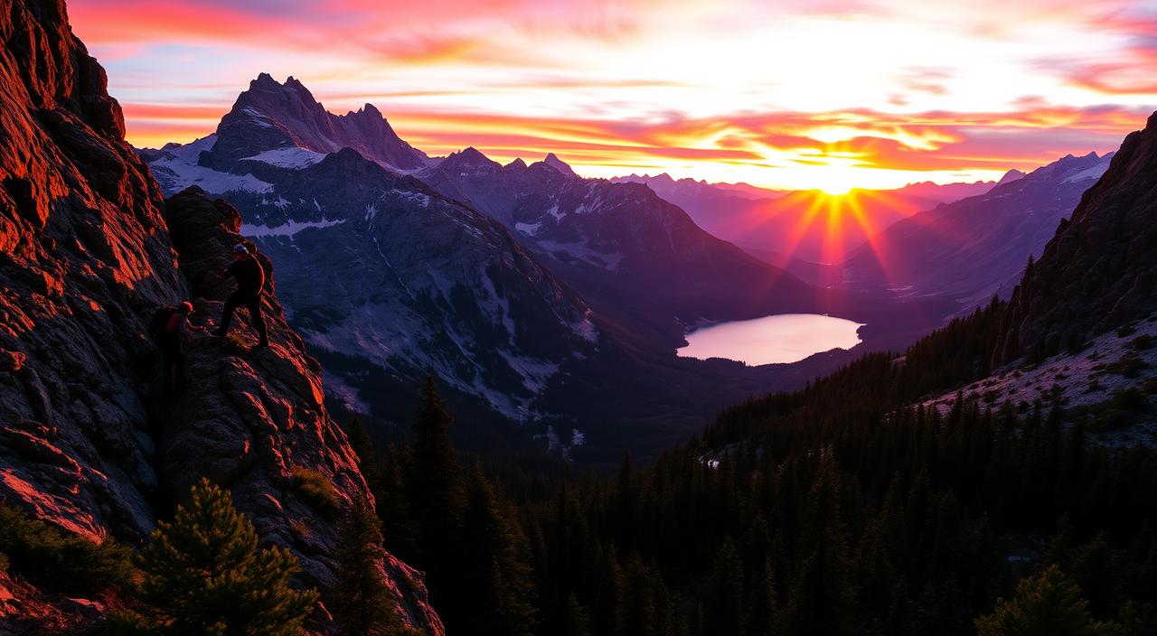 An epic mountain landscape with rugged peaks silhouetted against a vibrant sunset sky. In the foreground, a group of hikers scaling a treacherous rock face, their faces determined as they navigate the challenging terrain. Lush evergreen forests line the lower slopes, leading the eye towards a shimmering alpine lake in the middle ground. Dramatic lighting casts long shadows, creating a sense of adventure and exploration. Captured with a wide-angle lens to emphasize the grandeur of the &amp;amp;quot;Adventure Travel&amp;amp;quot; destination.