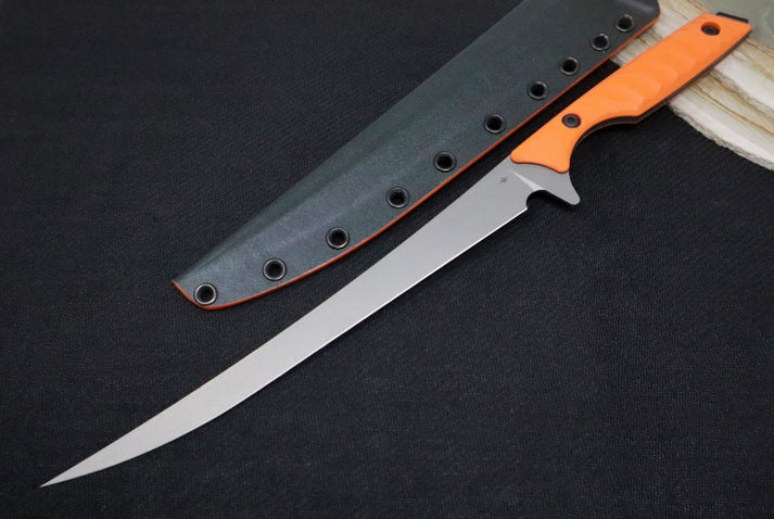 An image showing a Toor Knives Avalon fixed blade knife. This model has a long, slim blade and an orange handle, accompanied by a sheath.