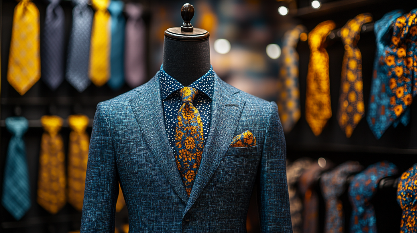 A mannequin wearing a tailored blue suit, paired with a matched tie. The background shows different tie color options. The lighting is soft and professional, emphasizing the textures of the fabric and the details of the ensemble.