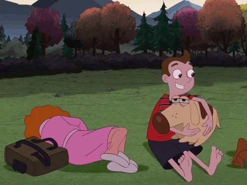 a cartoon of a boy and a girl laying in the grass with a dog