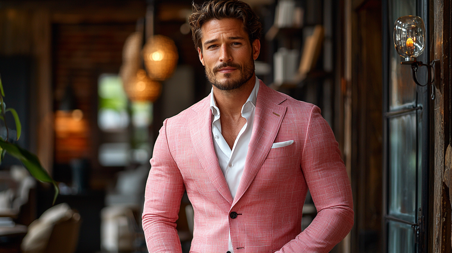 A man wearing a medium pink suit in shades like salmon or coral, offering a vibrant yet subtle look, perfect for semi-formal occasions like parties or casual office settings. The suit strikes a balance between playful energy and sophistication, paired with a white shirt and minimal accessories. The setting alternates between a lively, stylish office environment and a chic party space, with a fun, inviting atmosphere. Photorealistic with sharp details, balanced lighting, and a modern vibe.