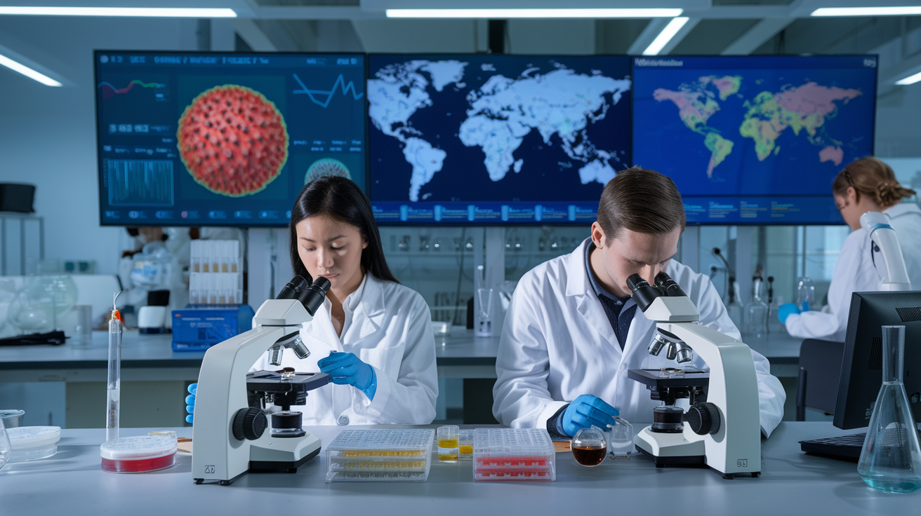 Create a realistic image of a modern laboratory with scientists in white lab coats, including Asian female and white male researchers, examining petri dishes and using microscopes. Digital screens in the background display bird flu virus models and global maps with highlighted outbreak zones. The scene is well-lit, showcasing a sterile and high-tech environment with surveillance equipment and data analysis tools visible.