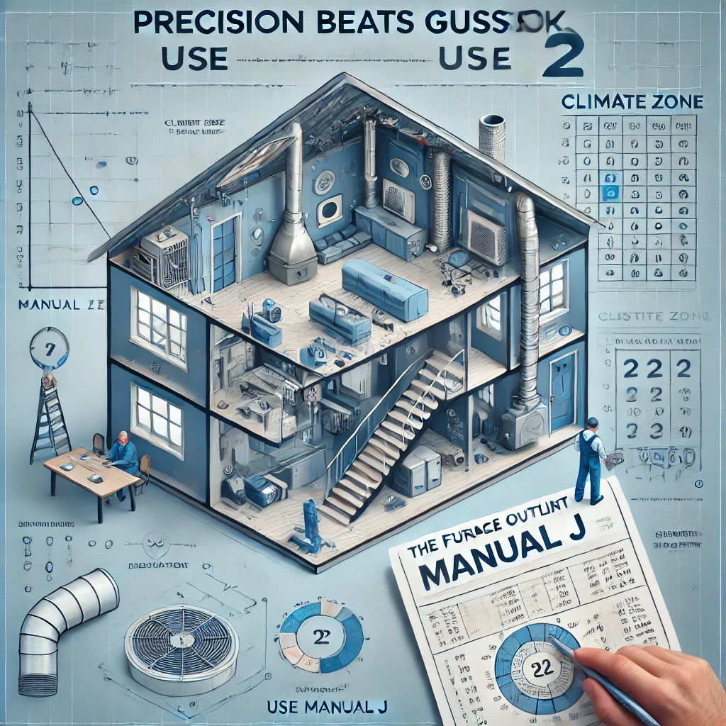 HVAC technician reviewing a detailed Manual J report with technical schematics, climate data, and load inputs to emphasize proper air conditioner sizing.