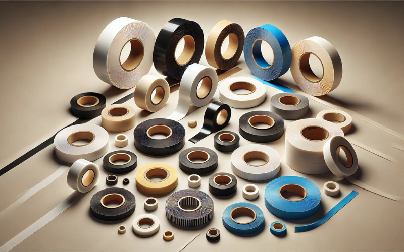 Assorted plumber's tape on brown background table