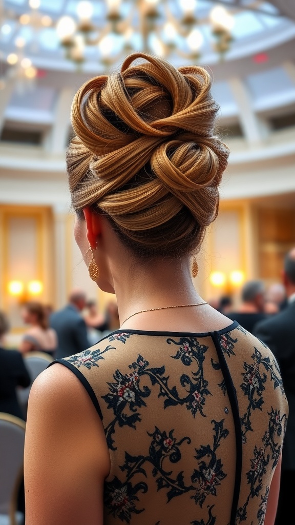 A sophisticated updo hairstyle for women, showcasing intricate twists and loops, suitable for special occasions.