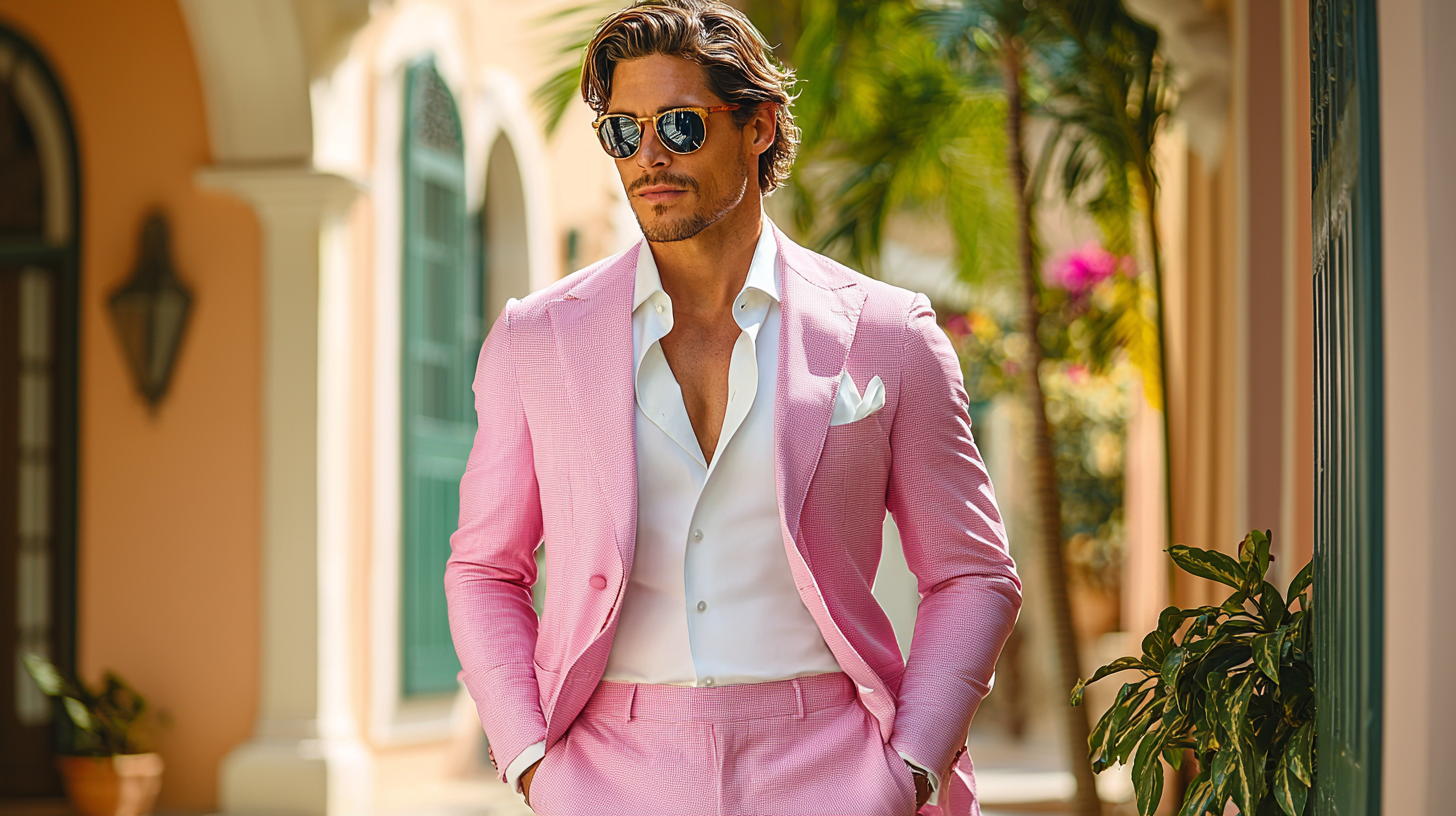 
A confident man wearing a sleek and stylish pink suit, perfectly tailored, standing in an elegant setting. The scene transitions from a formal event like a wedding to a casual outdoor gathering, emphasizing versatility. The suit radiates vibrant yet soft tones of pink, paired with subtle accessories like a white shirt and polished shoes, exuding confidence and sophistication. The background combines light, airy daytime tones with warm, elegant evening hues to highlight its suitability for any event. Photorealistic with intricate details, modern and dynamic composition.