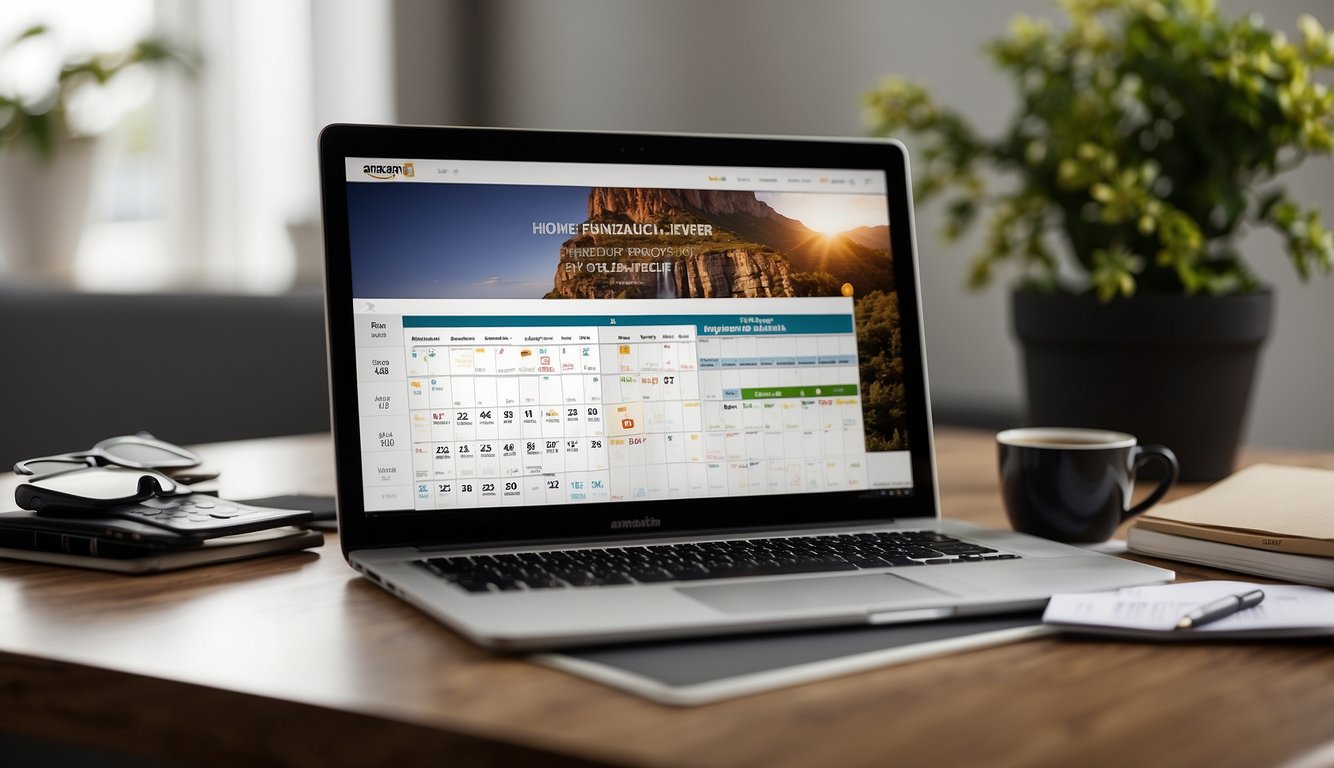 An Amazon seller calendar surrounded by marketing materials and a laptop displaying promotional strategies