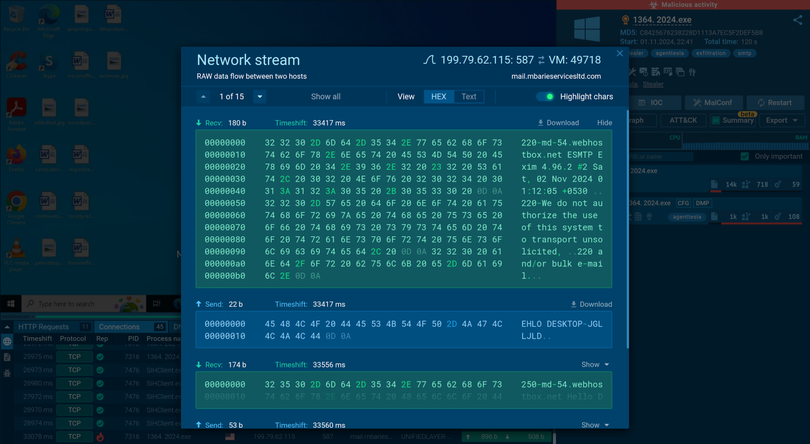 Network stream window uncovering data exchange for each connection