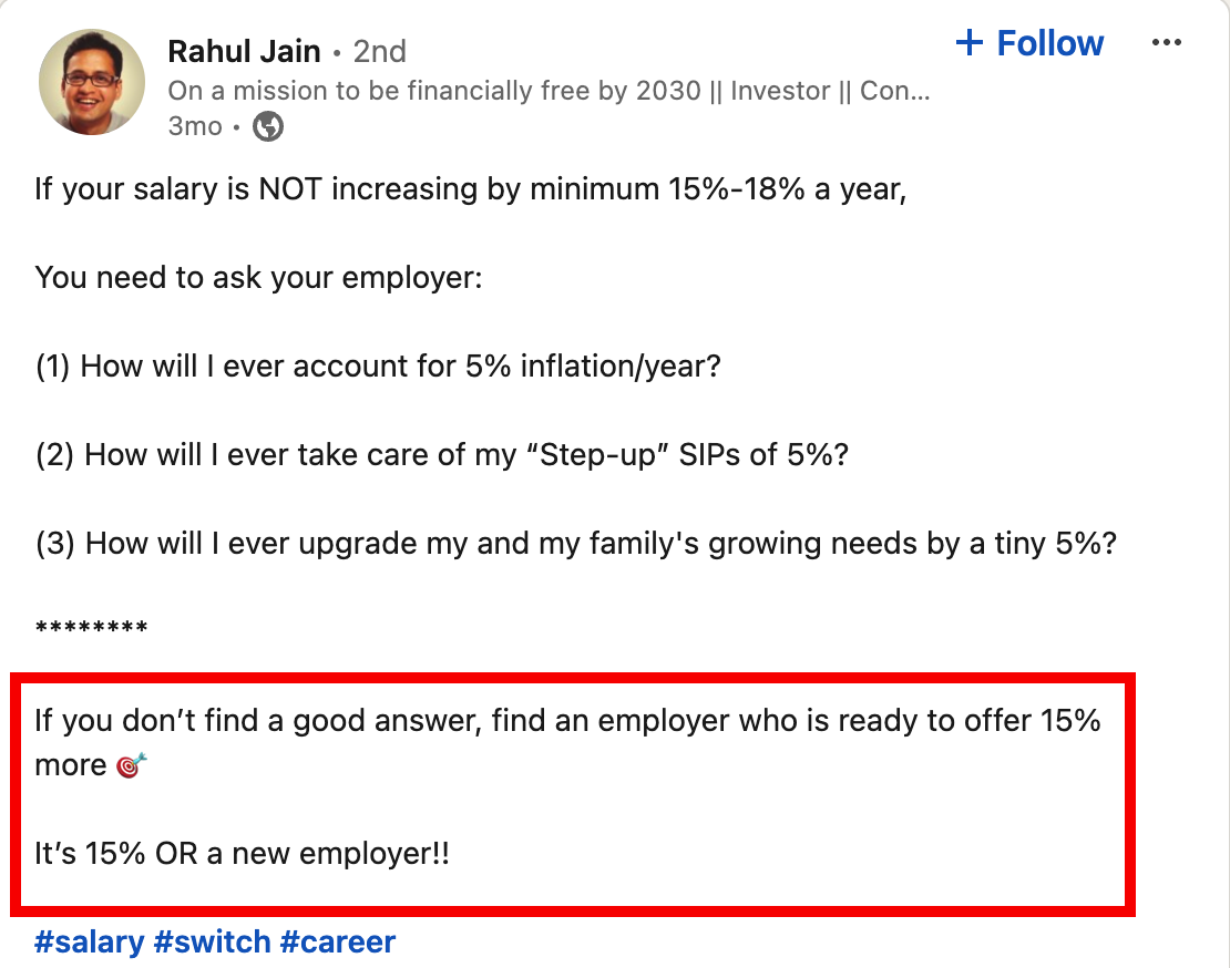 Employee expressing intent to quit on LinkedIn due to low salary expectations