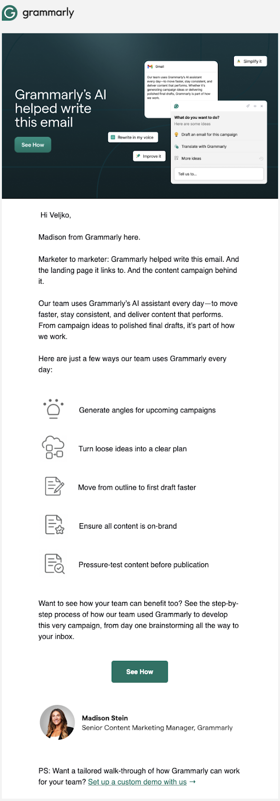 Grammarly nurture email with a new feature promo