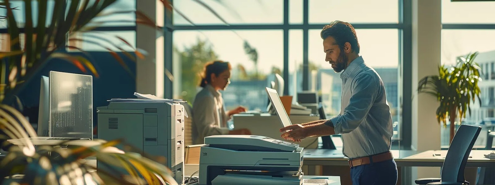 An employee of a software company using online faxing software at the office.