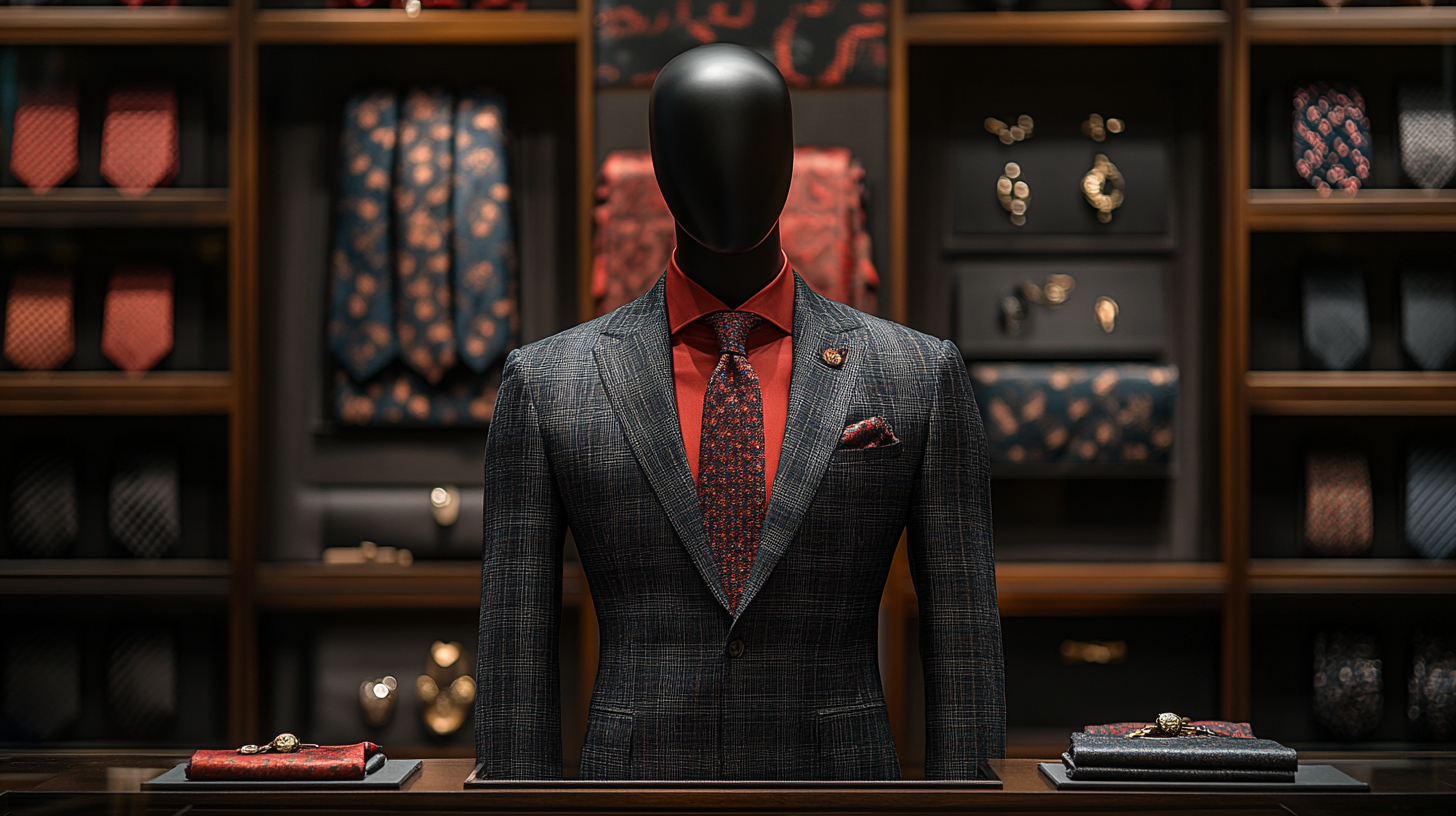 A mannequin displays a perfectly tailored black suit, the sharpness of the dark fabric contrasting beautifully with the vivid red shirt. The shirt pops, adding a bold flair, while the suit maintains its timeless elegance. Behind the mannequin, the accessories come into focus: a selection of ties in varying patterns and textures, cufflinks, belts, and shoes neatly arranged on display.