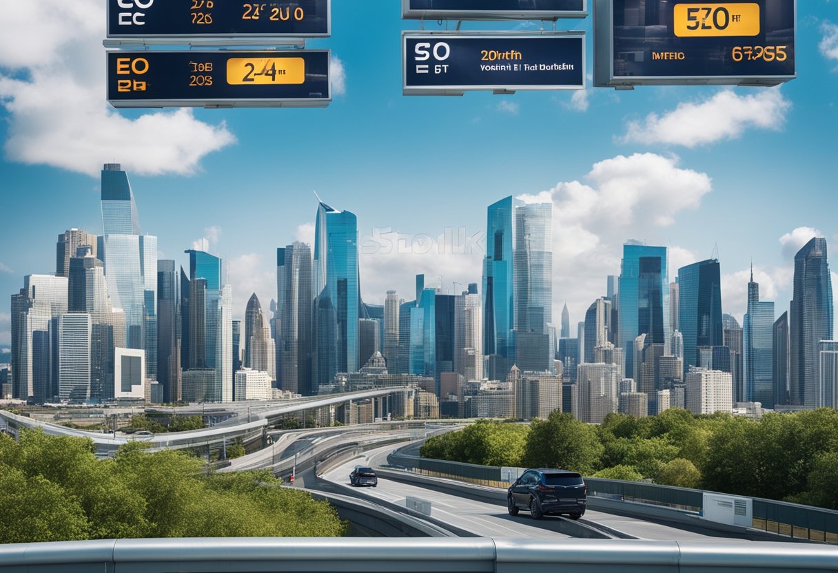 A futuristic city skyline with digital billboards displaying "SEO 2025" and "Worth It?" A mix of traditional and advanced technology