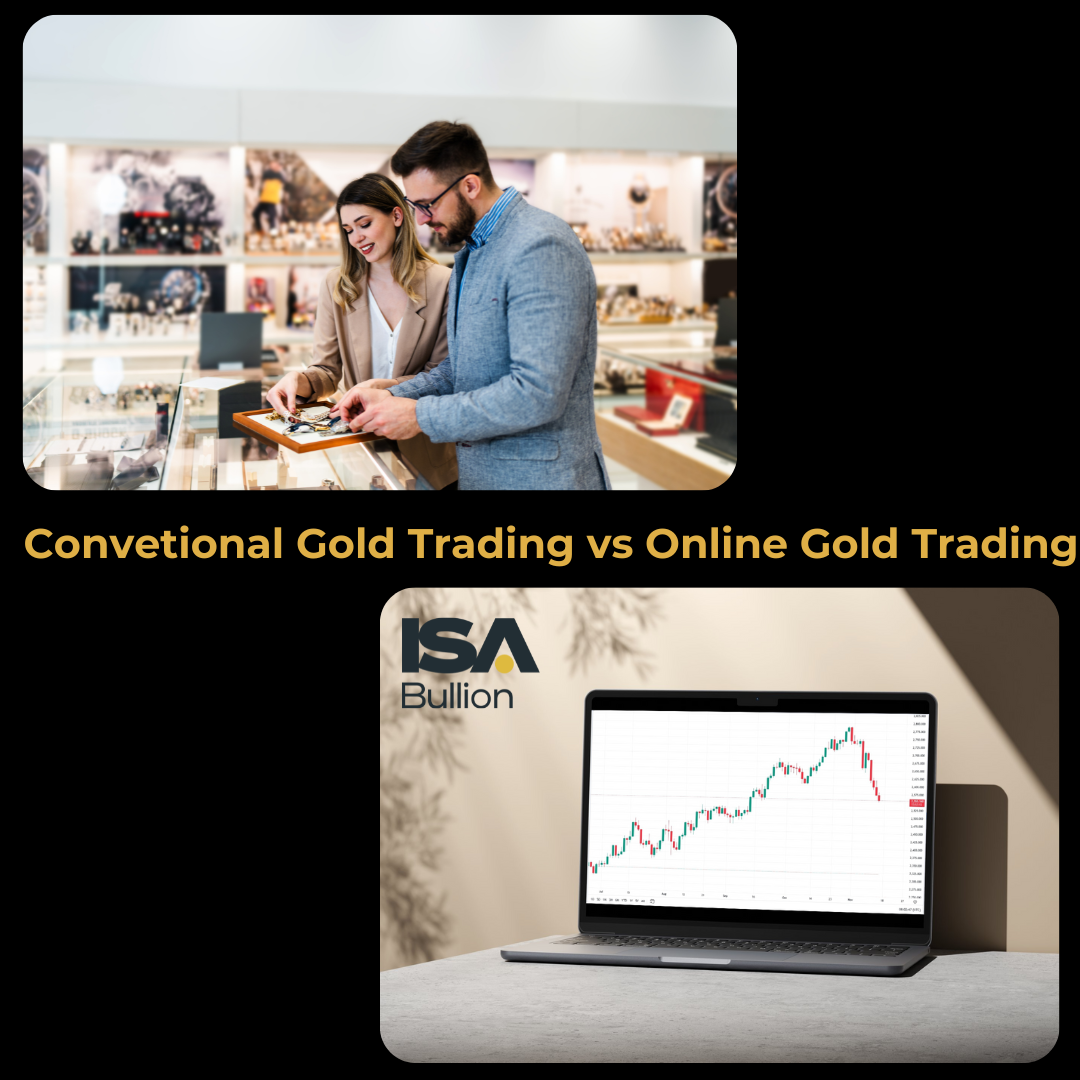 Comparison of conventional gold trading at jewelers versus online gold trading through ISA Bullion, showcasing the modern trading experience.