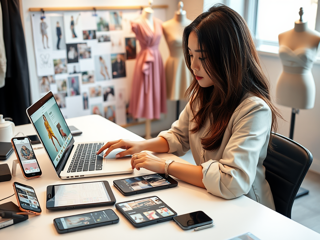 Create a realistic image of a young Asian female fashion influencer sitting at a desk with multiple smartphones and tablets, each displaying different social media platforms like Instagram, TikTok, and Pinterest. She's actively editing content on a laptop, with a mood board and fashion sketches visible in the background. The scene is well-lit, emphasizing a modern, creative workspace with fashion elements like fabric swatches and a dress form visible.