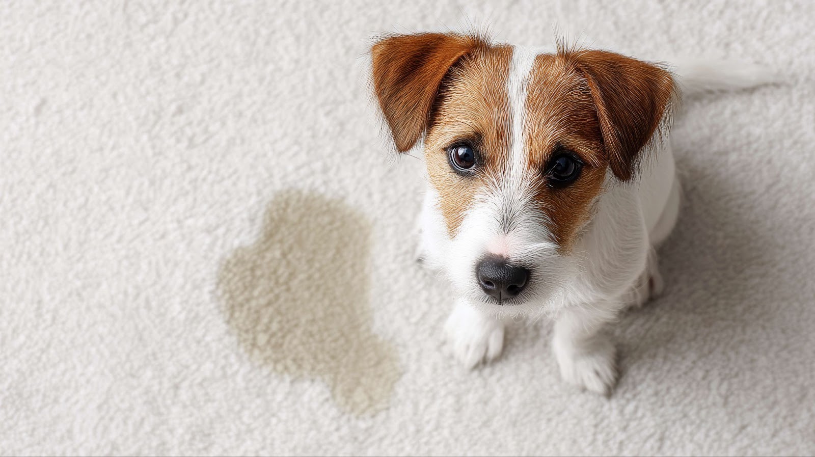 Jack Russell Terrier puppy sitting beside dog pee stain on carpet