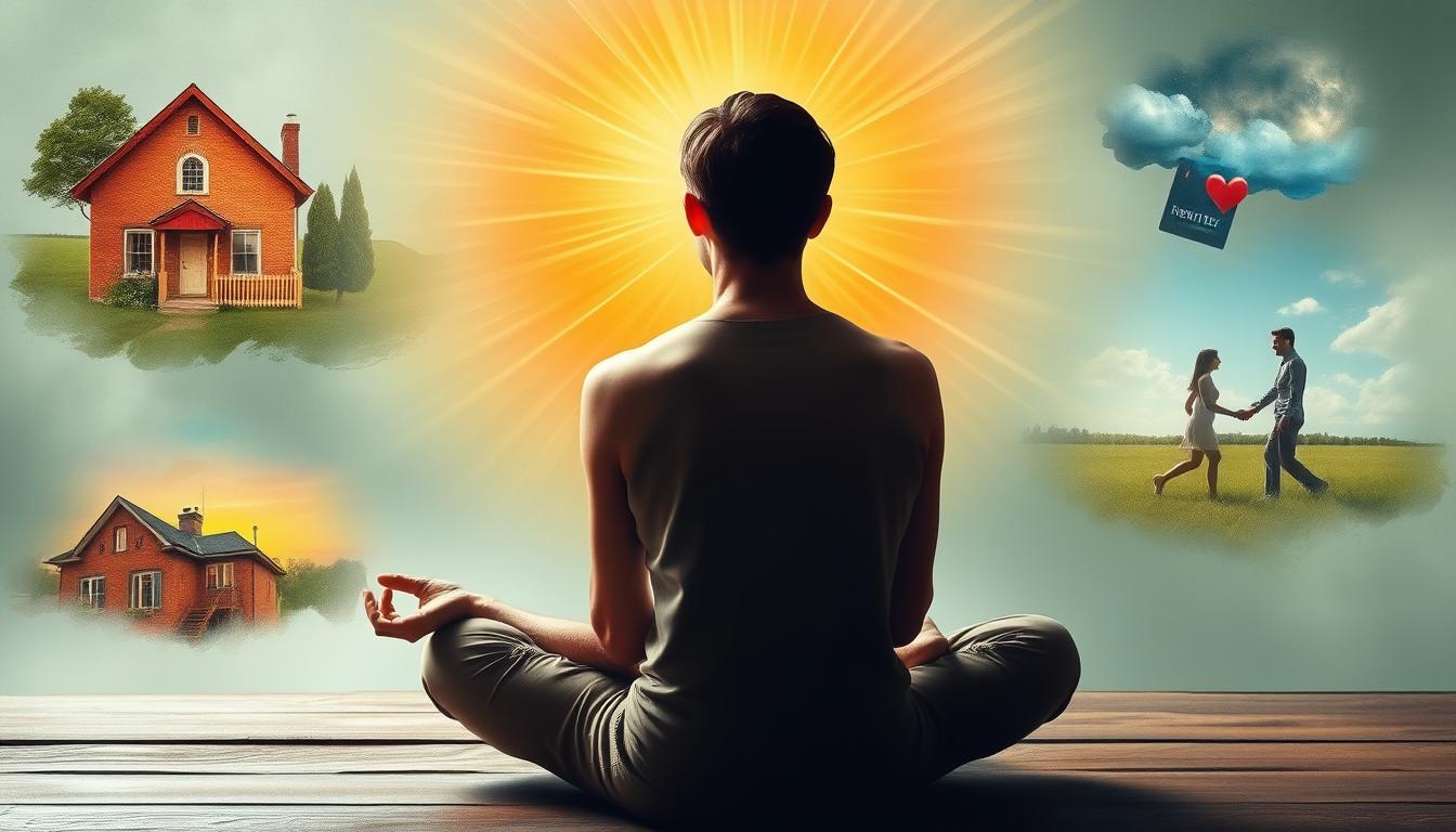 An image of a person sitting in a peaceful setting, surrounded by visual representations of their desires, such as a new home, a fulfilling career, and a loving relationship. The person is visualizing themselves achieving these desires and feeling immense gratitude and joy. Rays of light emanate from their body, representing the energy they are putting into manifesting their dreams.