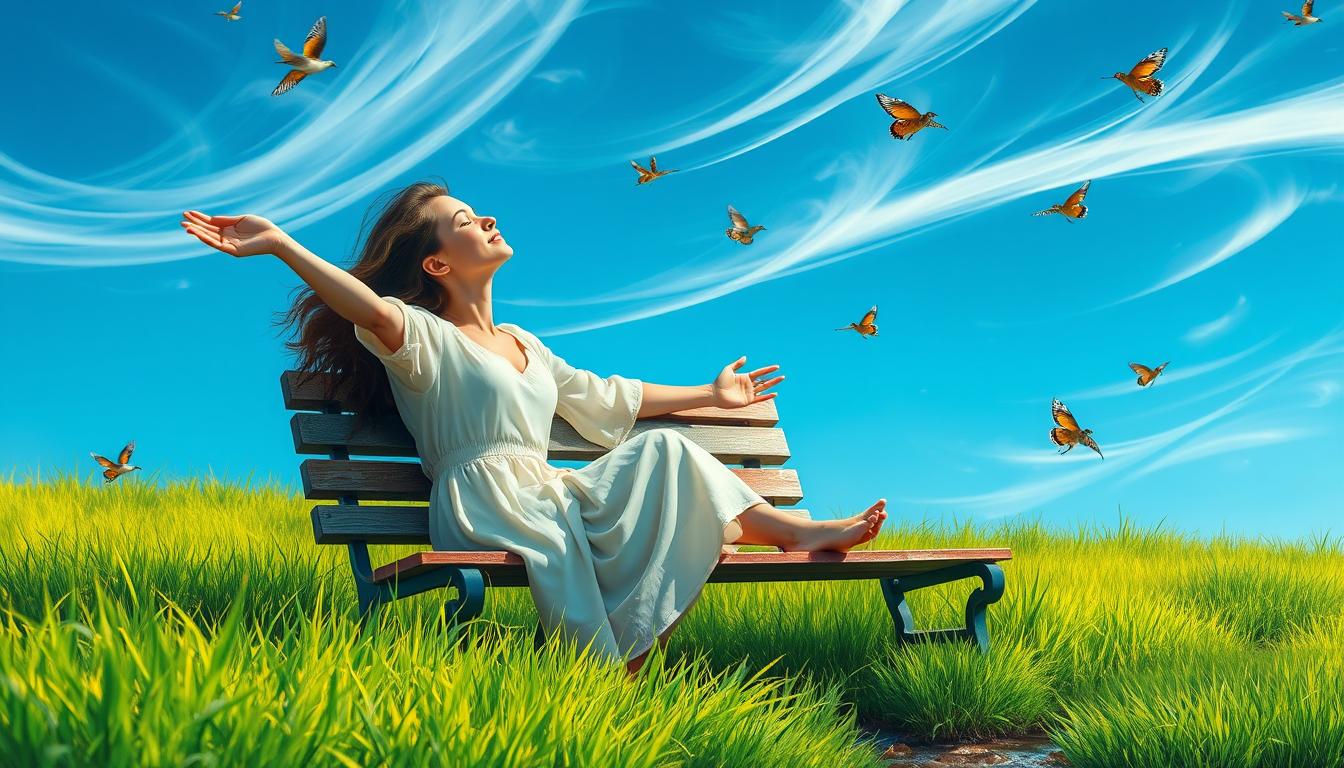 A woman sitting on a park bench with her arms outstretched, eyes closed, and a serene expression on her face, as if she is basking in the warmth of the sun and the love that surrounds her. The grass around her is vibrant green and soft, and birds and butterflies flit about in the background. The sky is a vivid shade of blue, with wispy white clouds drifting lazily overhead. A small stream trickles nearby, adding to the peaceful ambiance of the scene.