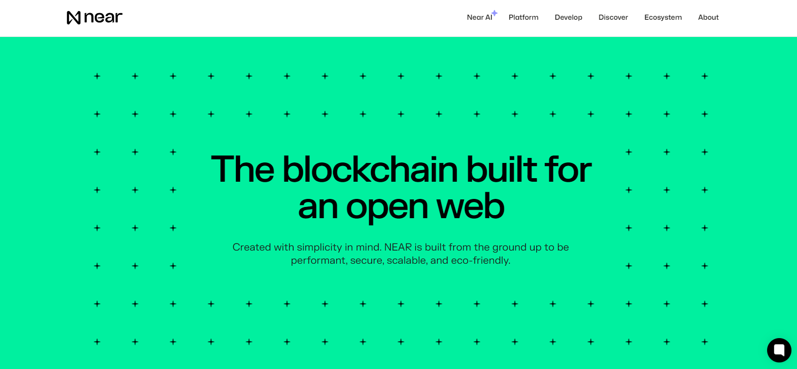 Homepage of NEAR Protocol showcasing its mission to build a secure, scalable, and eco-friendly blockchain for an open web.