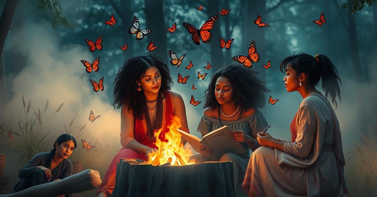 Three women gather around a campfire, embodying "A Dive into Sacred Feminine Energy," as butterflies flutter nearby.