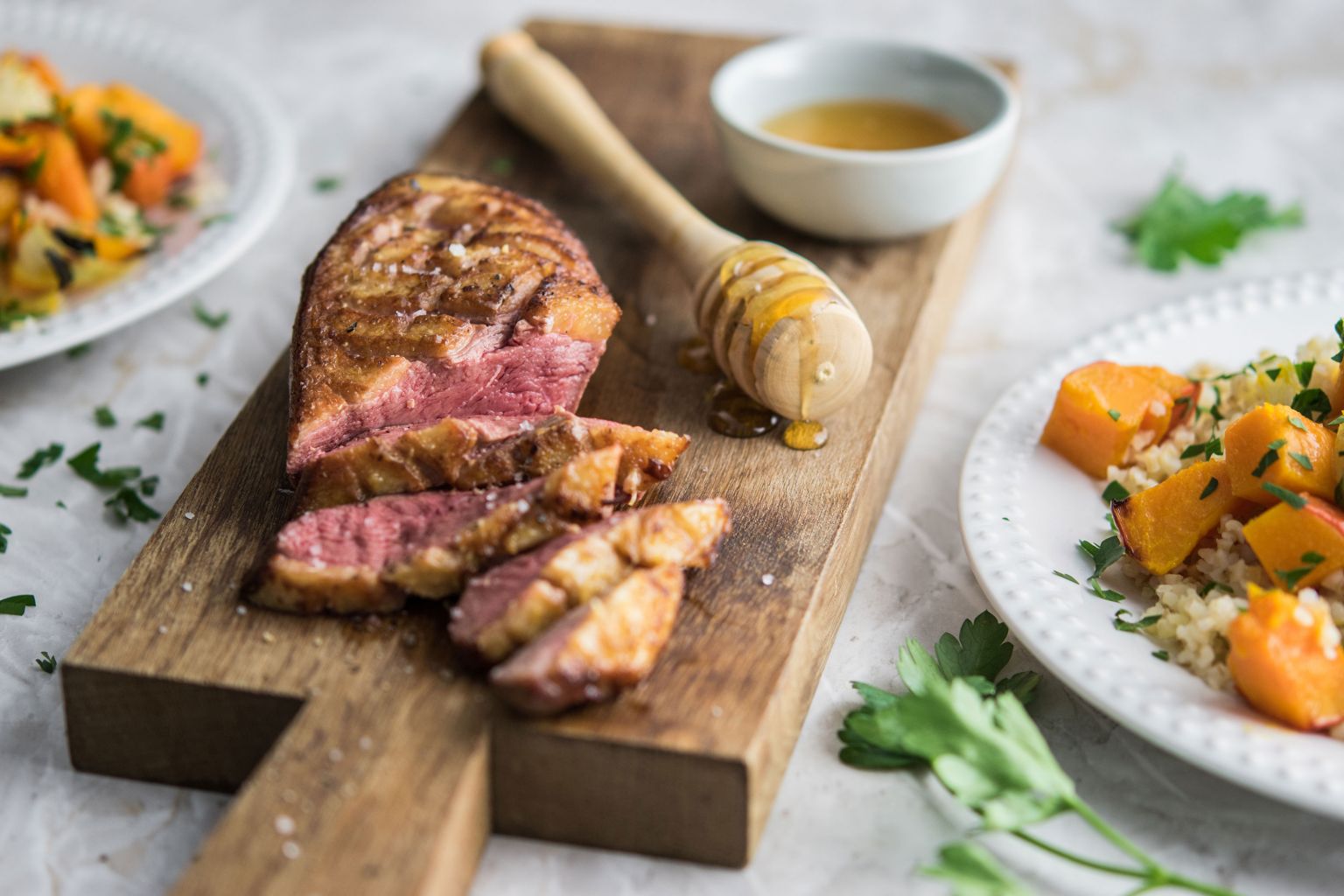 Filets de canette rôtis au miel et potimarron