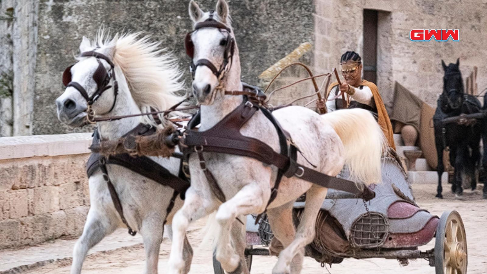 High-speed chariot race scene of Teyana Taylor in "The Book of Clarence."