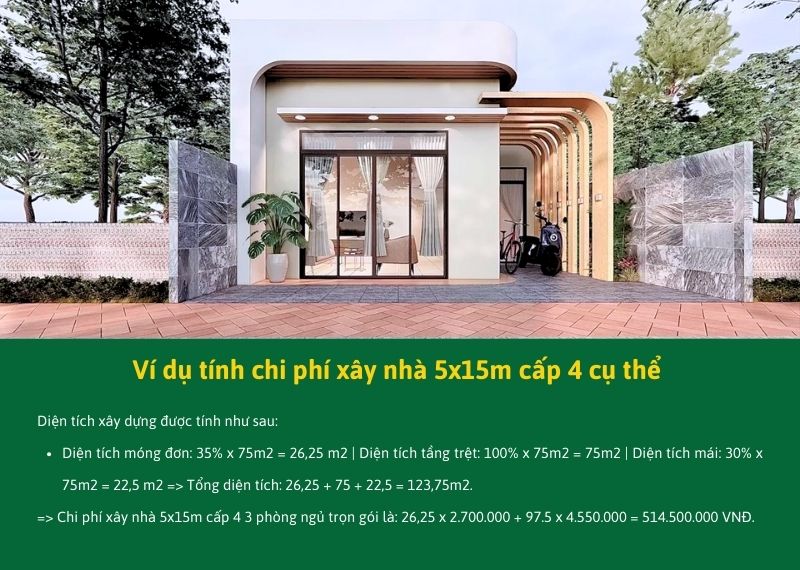 Ví dụ tính chi phí xây nhà 5x15m cấp 4 cụ thể Xây dựng Nhất Tín