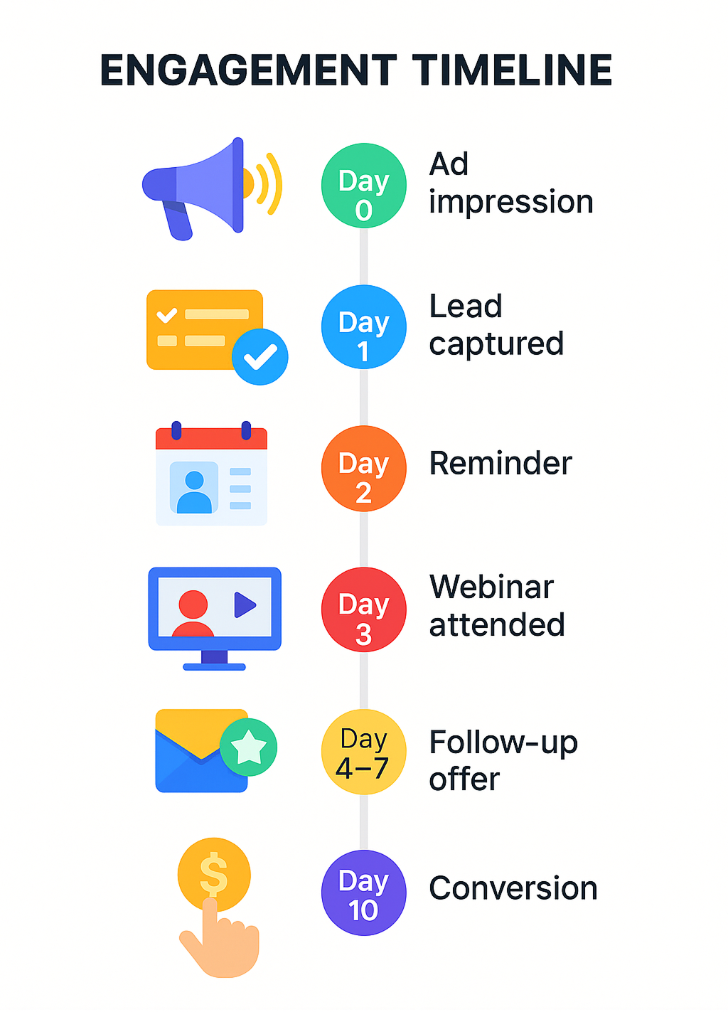 Engagement timeline infographic showing steps from ad impression to conversion over a 10-day period