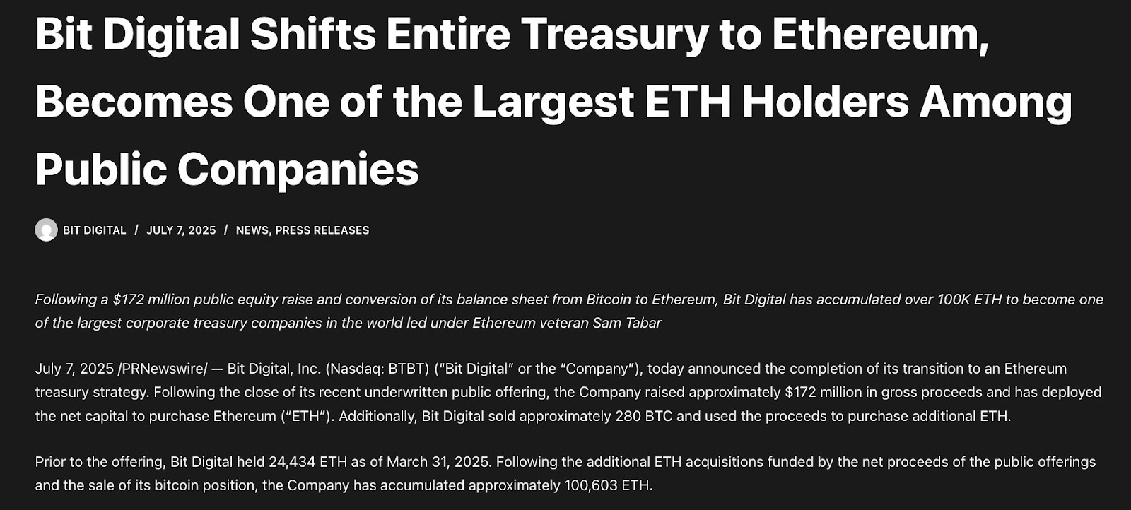 Bit Digital Shifts to Ethereum.