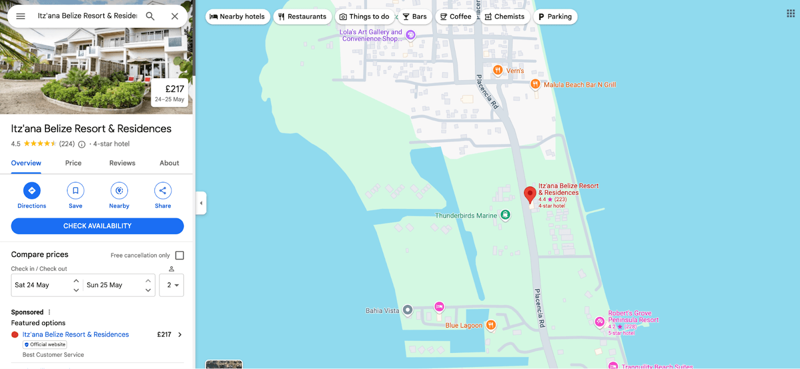 Google map search showing Google Business Profile for Itz'ana Belize Resort and Residences