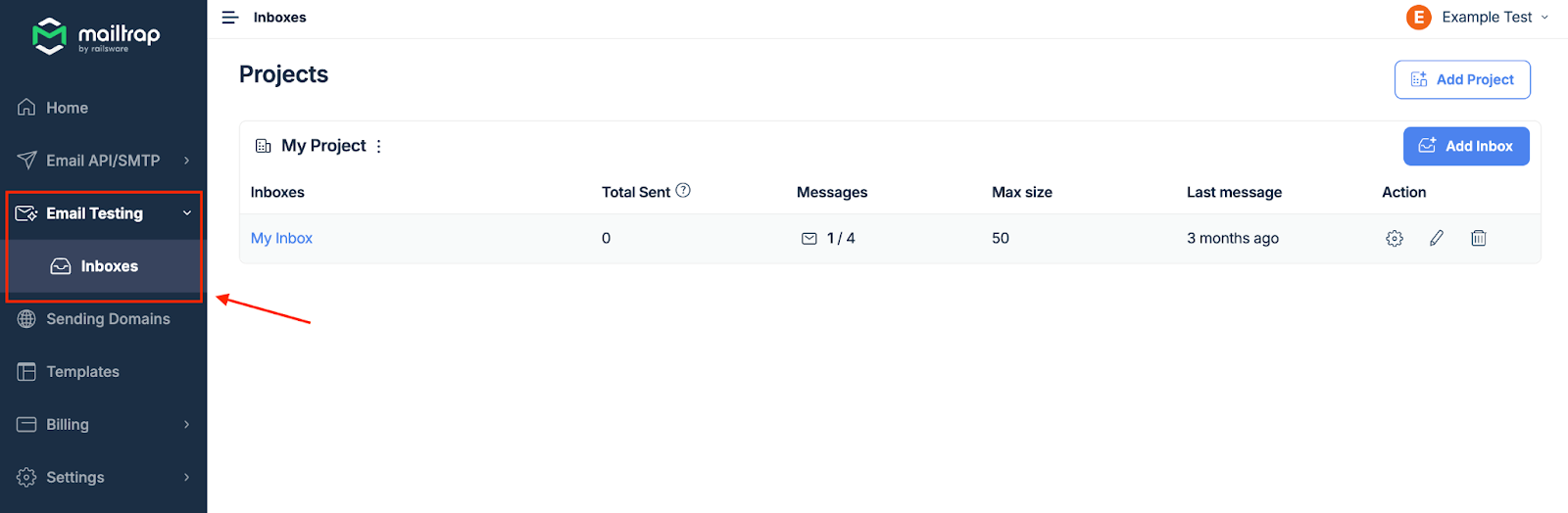 This image shows Mailtrap Email Testing Inboxes menu