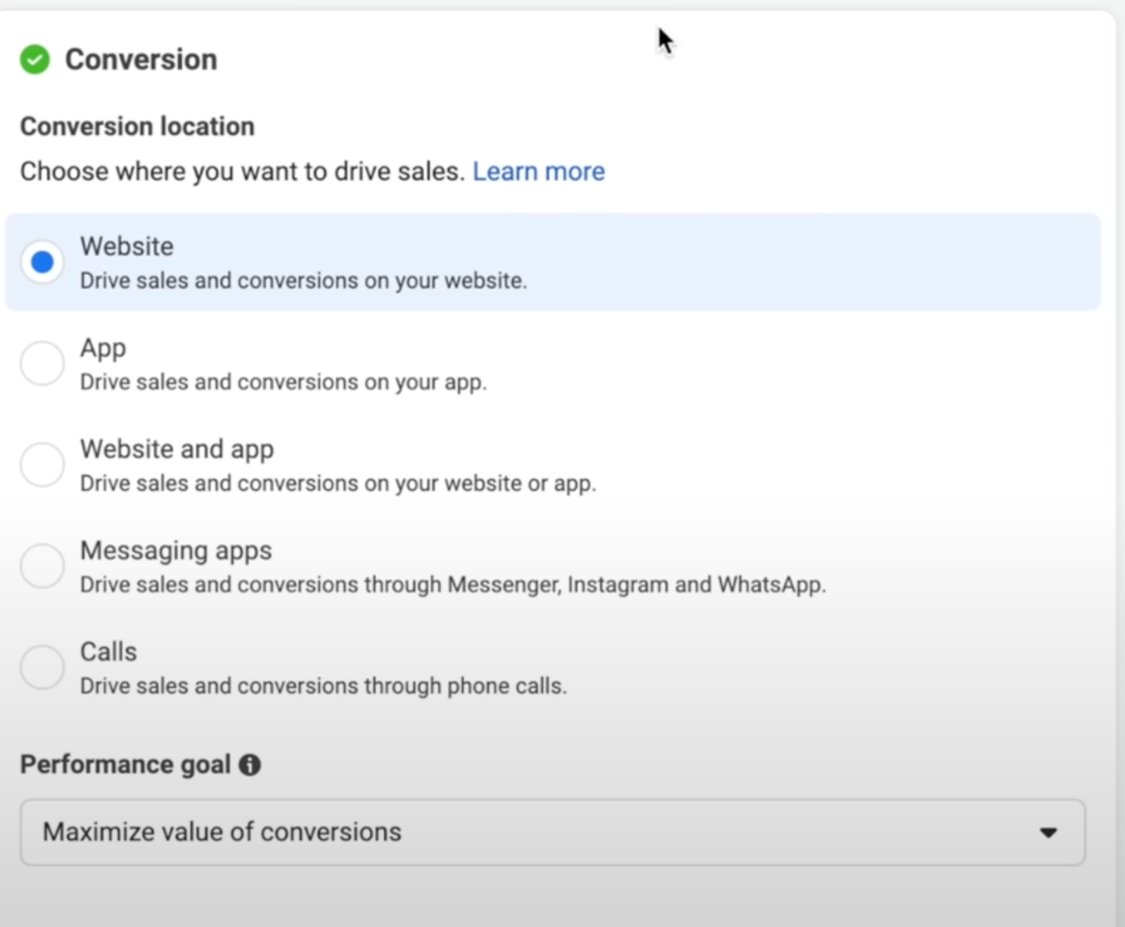 Conversion settings where you can set your ads to send users to your website