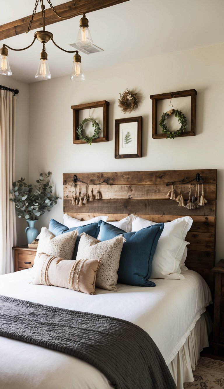 A cozy farmhouse bedroom with a reclaimed wood headboard, adorned with vintage decor and rustic accents