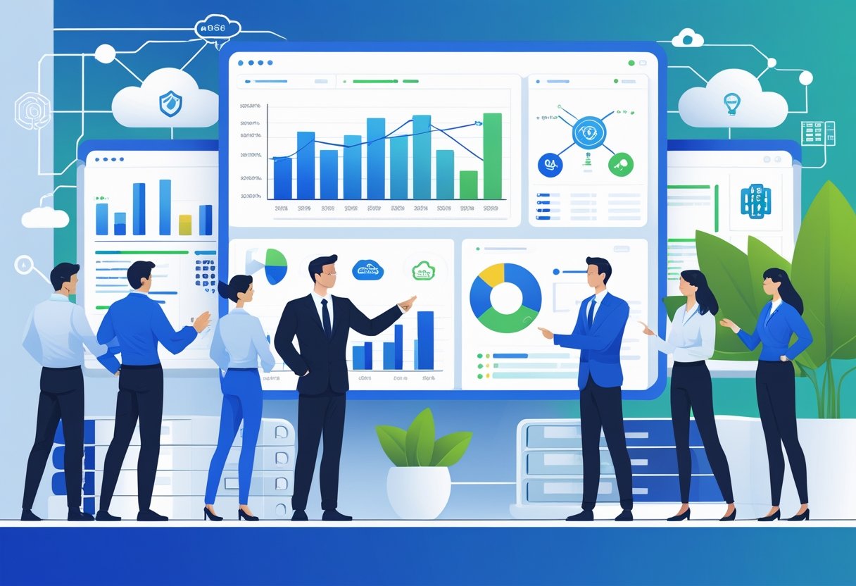 A team of professionals in an office collaborating around a digital dashboard showing business growth and IT infrastructure, with an MSP technician assisting a business leader.