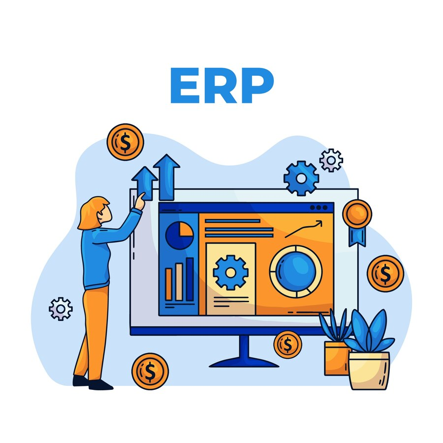 illustration of an ERP implementation with icons of coins around it