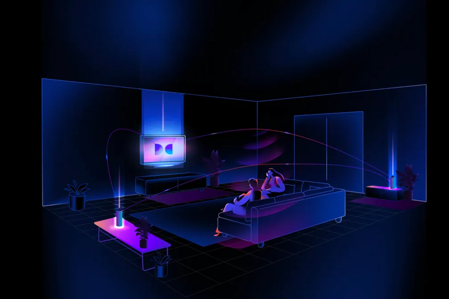 Dolby Atmos FlexConnect visual in living room.