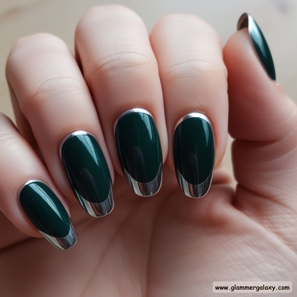 Winter and Fall Dark Green Nails having Reflective Designs
