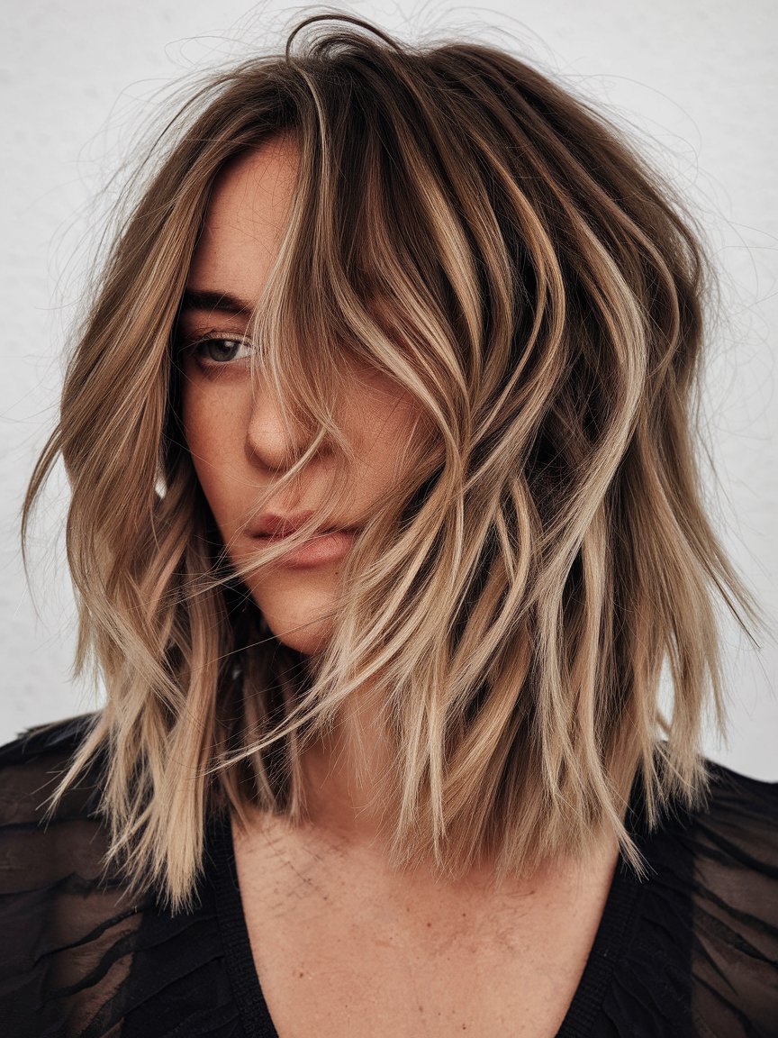 26. Longer Shaggy Haircut with Shadow Roots